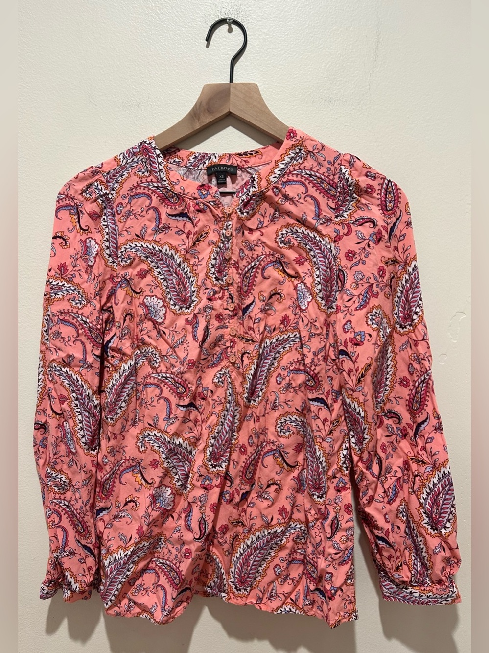 Talbots Band Collar Popover Dancing Paisley Pink Blouse Top - Women’s Size XS